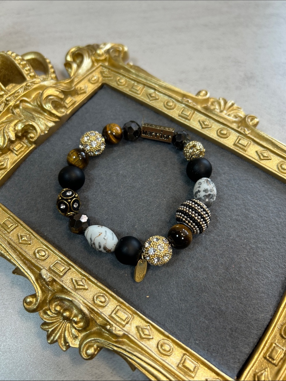 Gold & Black Beaded Stretch Bracelet with White Marbled Accents